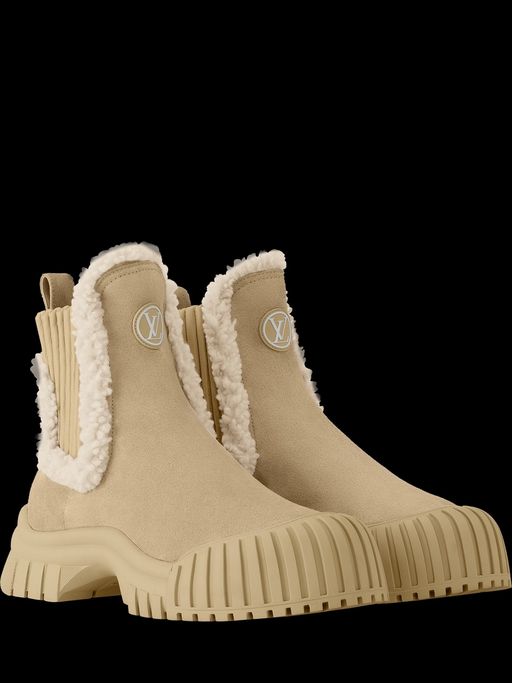 Louis Vuitton Beige Suede Shearling-Trim Chelsea Boots